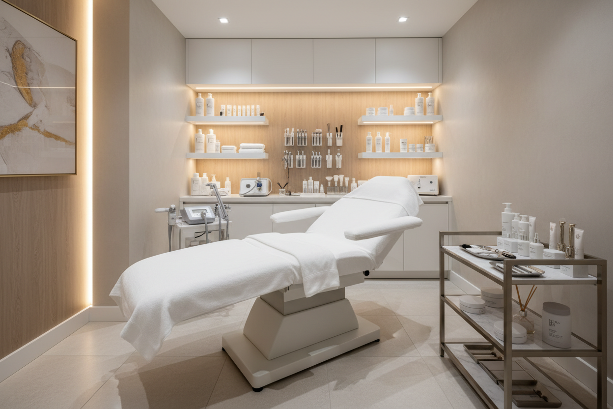 cabine de soin esthétique avec fauteuil position allonger avec draps et guéridon avec produits et ustencils bien présenté