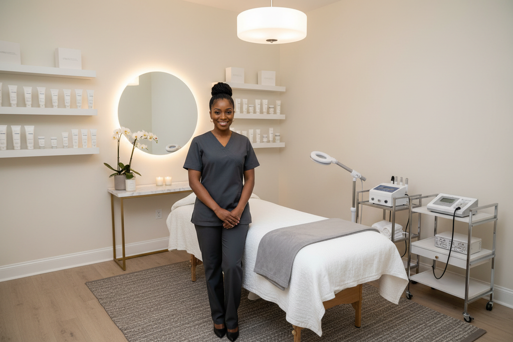 Esthéticienne noire dans sa cabine d'esthétique ranger et moderne