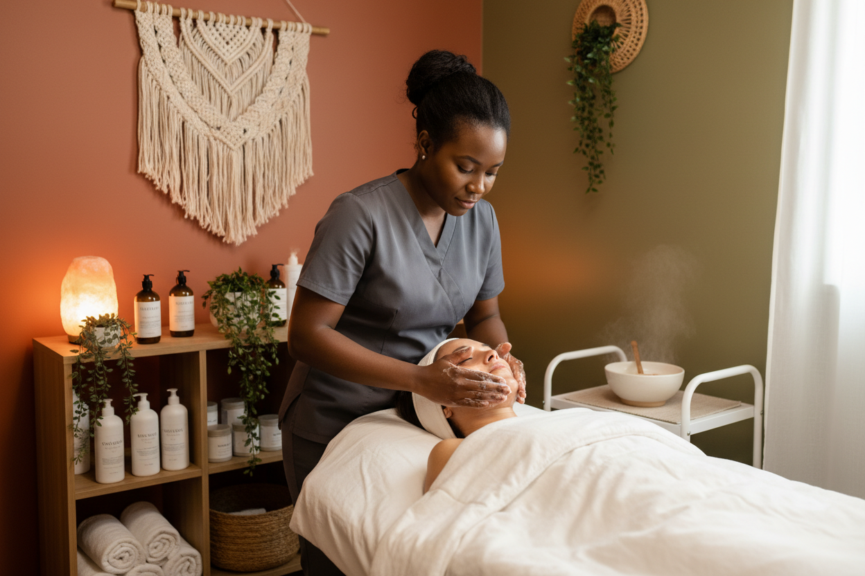 Esthéticienne noire pratiquant le soin du visage dans une cabine cosy