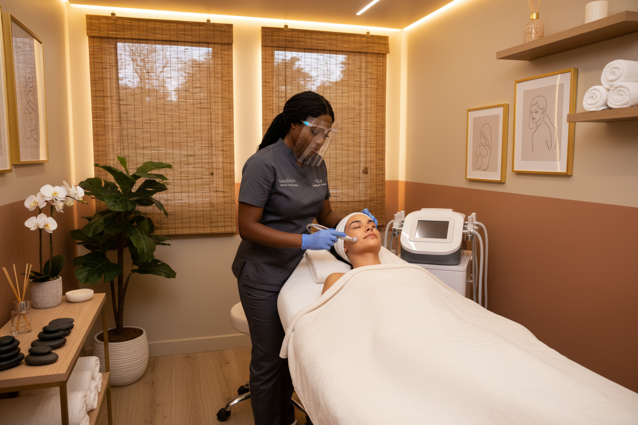 Esthéticienne noire pratiquant un soin d'hydrafacial dans une cabine cosy