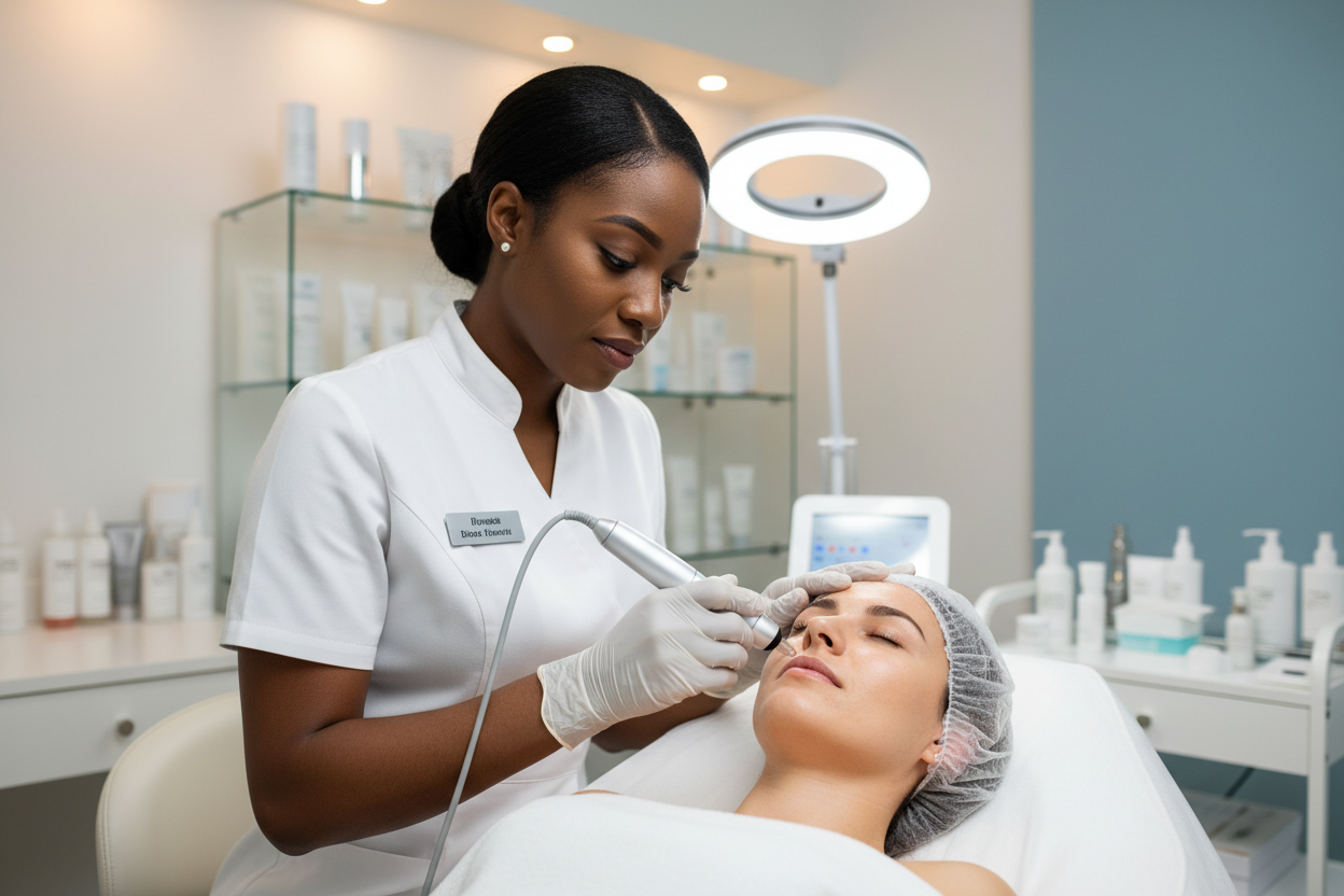 Esthéticienne noire pratiquent la technique de microneedling avec un dermapen